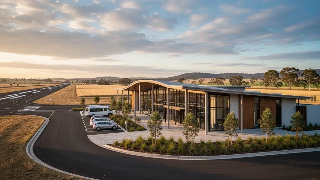 Modern glass terminal at Toowoomba Wellcamp Airport at golden hour, with rural Darling Downs farmland and runway beyond
