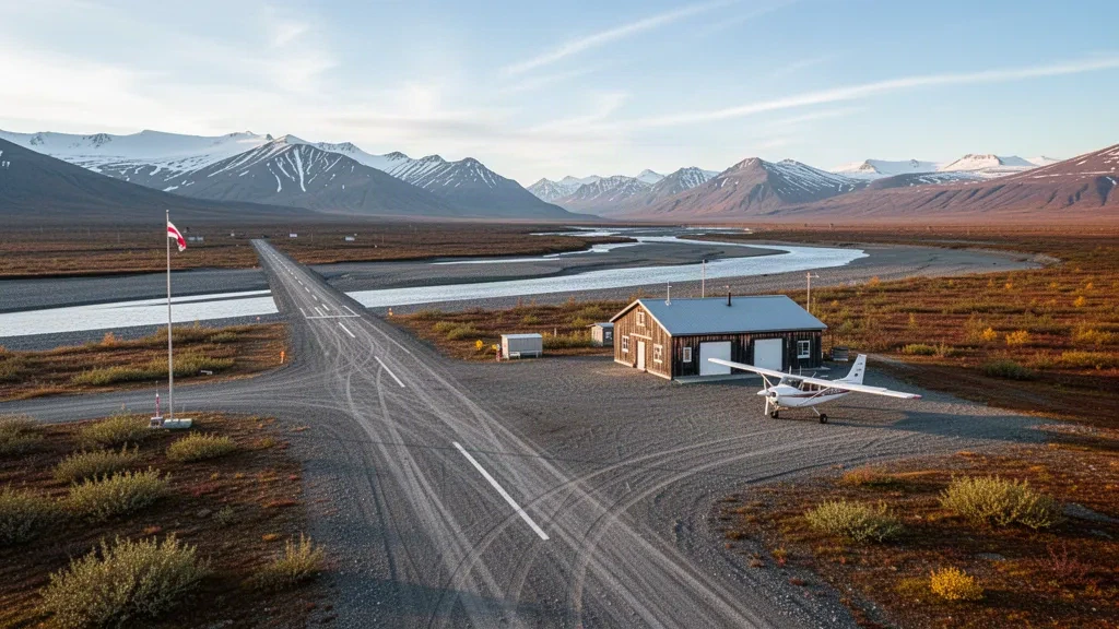 Gravel runway and small airport building at Noatak Airport in Arctic Alaska, ringed by autumn tundra and distant mountain foothills