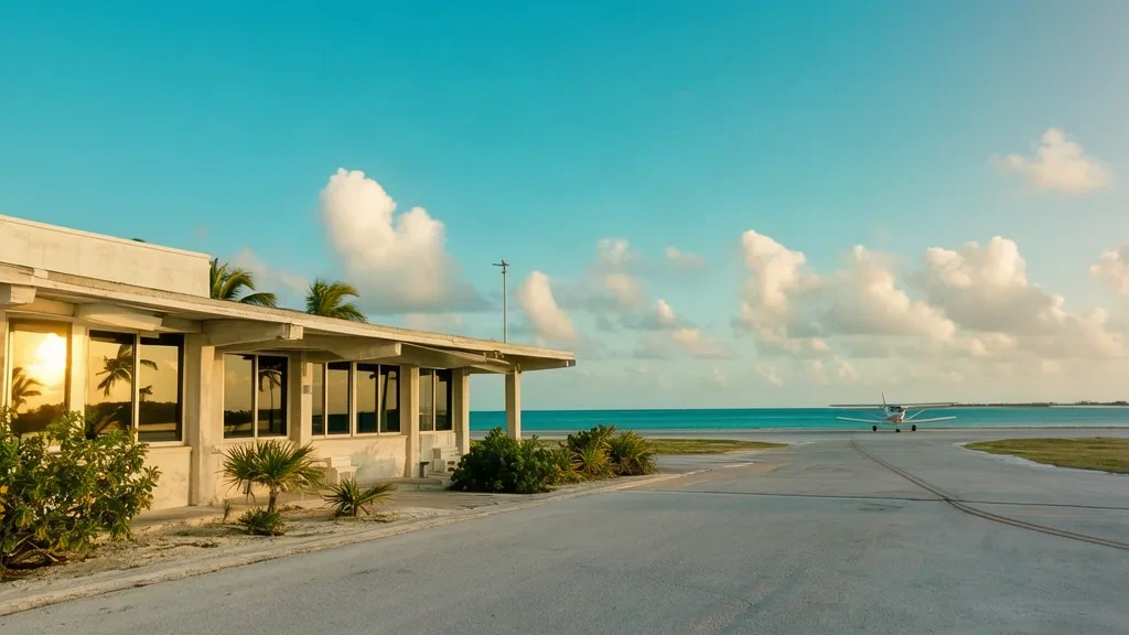 West End Airport WTD terminal exterior on Grand Bahama, Bahamas, with palm trees, tarmac, and tropical sky.