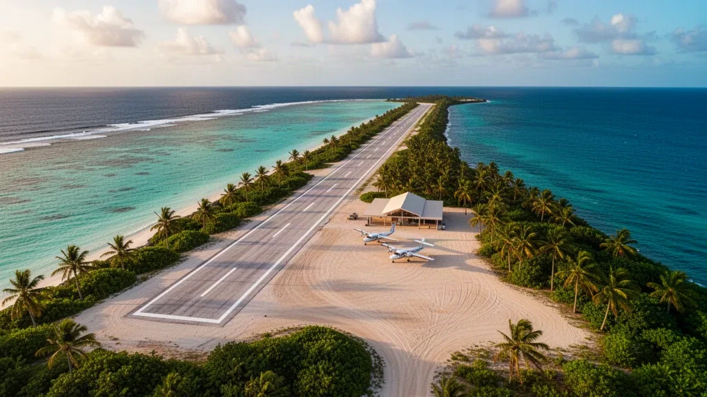 Luftaufnahme der kleinen Korallenlandebahn am Flughafen Wotje Atoll auf den Marshallinseln mit türkisfarbenem Lagunenwasser und Kokospalmen entlang der Start- und Landebahn.