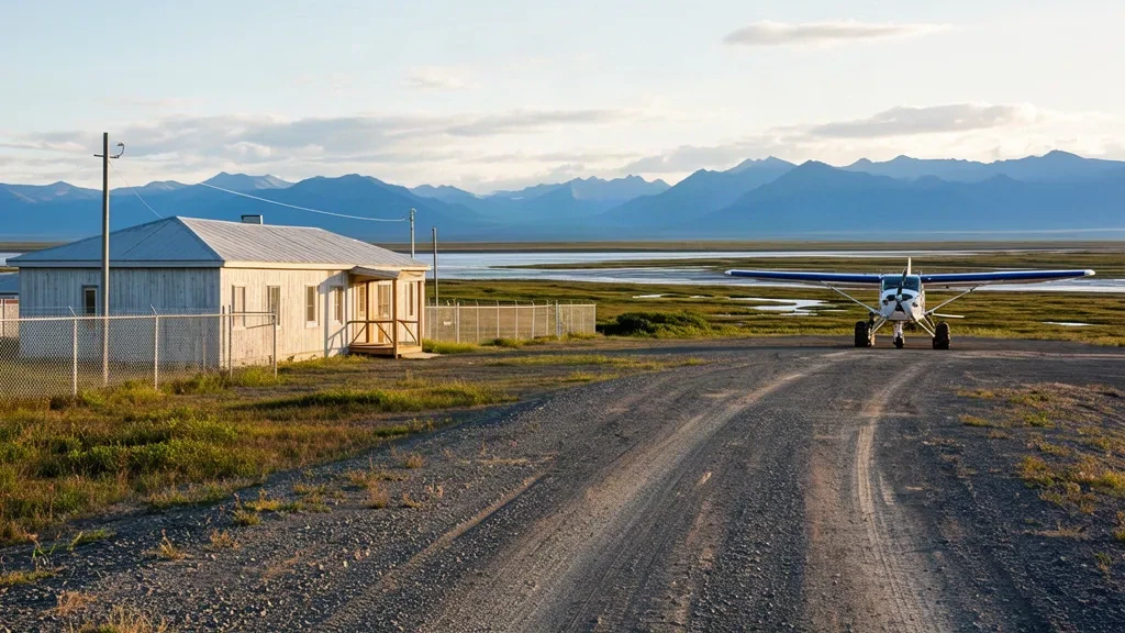 Piste en gravier et petit terminal à l'aéroport de Noatak WTK, dans l'Arctique isolé de l'Alaska