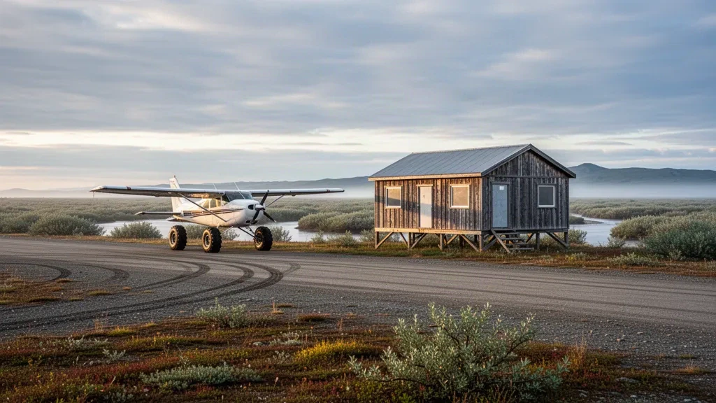 Pista de grava y avión ligero junto a un sencillo edificio de madera en el remoto aeropuerto de Tuntutuliak, en el delta Yukón-Kuskokwim de Alaska