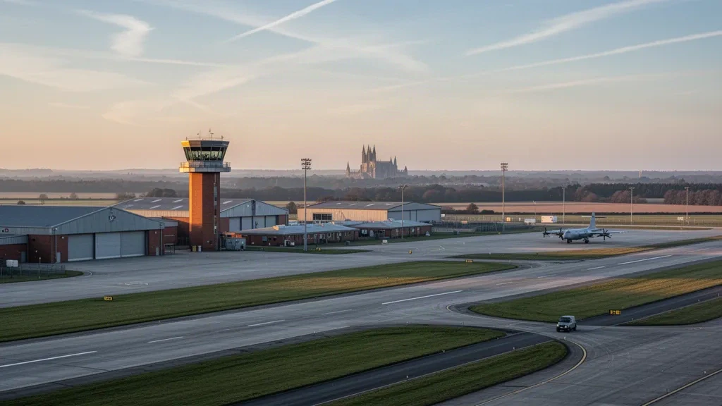 Golden-hour view over RAF Waddington airfield in Lincolnshire, showing the runway, hangars and control tower across the flat fenland horizon.