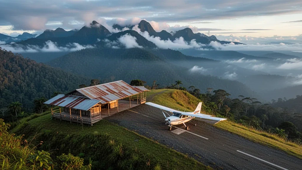 Pista in erba e piccolo terminal all'aeroporto di Woitape in Papua Nuova Guinea, incorniciati da montagne tropicali d'altopiano avvolte nella nebbia