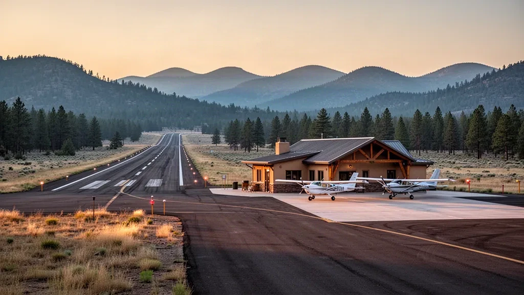 Pista de aviación general y pequeña terminal del Aeropuerto de Whiteriver en Arizona, rodeadas de pinos ponderosa y las crestas de White Mountain en la hora dorada