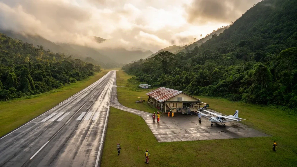 Papua Yeni Gine'deki Woitape Havalimanı WTP, tropikal dağlarla çevrili uzak yayla pisti ve küçük terminal.