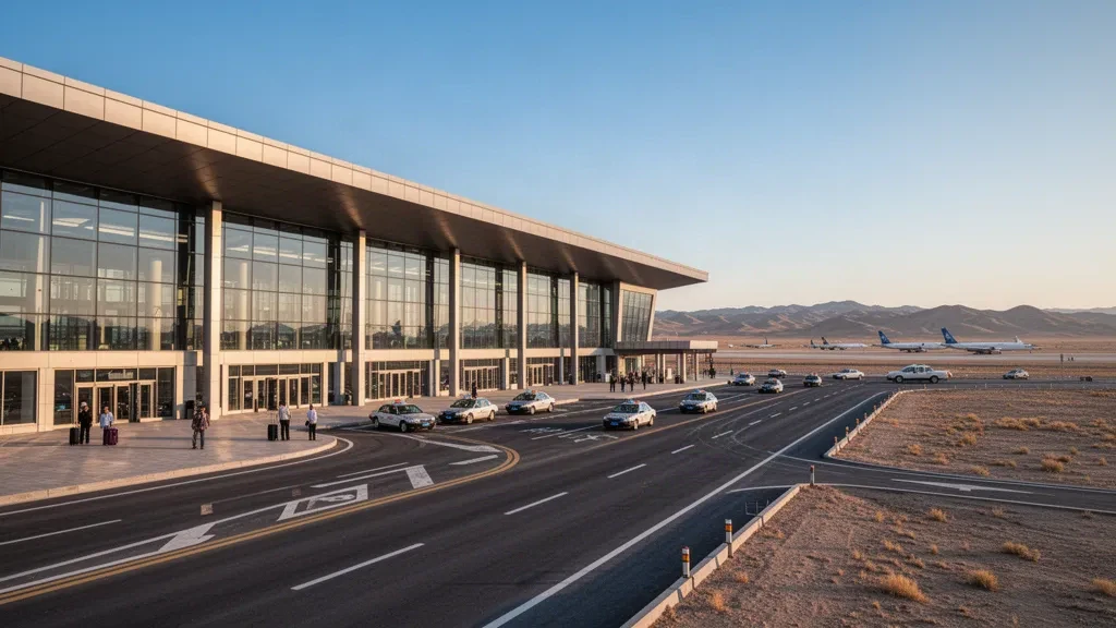 Çin'in İç Moğolistan bölgesinde, çöl manzarası ve altın saat ışığı altında, erişim yolu bulunan modern Wuhai Havalimanı terminal binasının dış görünümü.