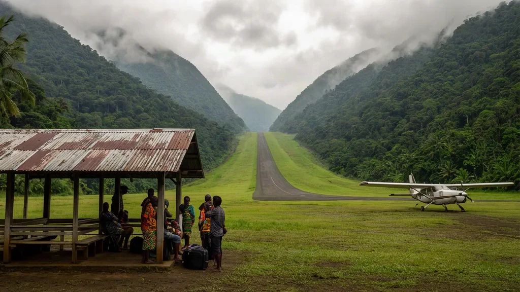 Ländliche Landepiste und kleines Terminal am Wantoat Airport in der Provinz Morobe, Papua-Neuguinea, umgeben von Bergen und Regenwald.