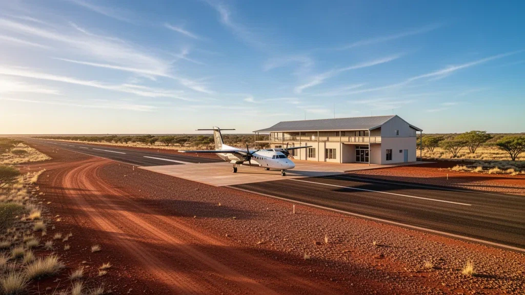 Abgelegene Outback-Landebahn am Bergbaustandort Murrin Murrin in den Goldfields von Westaustralien, mit Start- und Landebahn, Vorfeld und rotem Erdbusch in der Abenddämmerung.