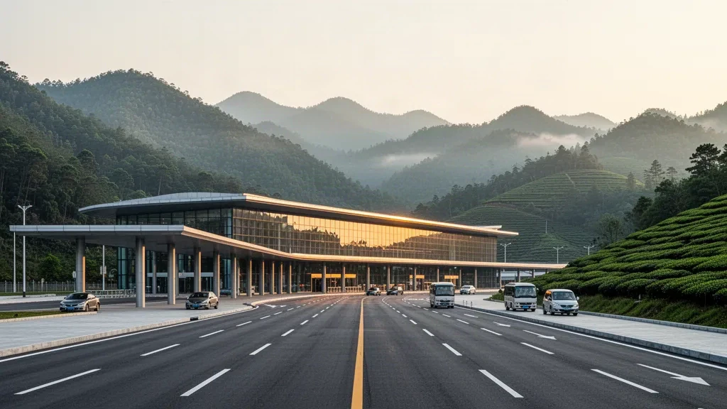 Terminal moderne en verre et route d'accès à l'aéroport de Nanping Wuyishan, encadrés par les collines verdoyantes et brumeuses du Fujian dans une douce lumière dorée du matin
