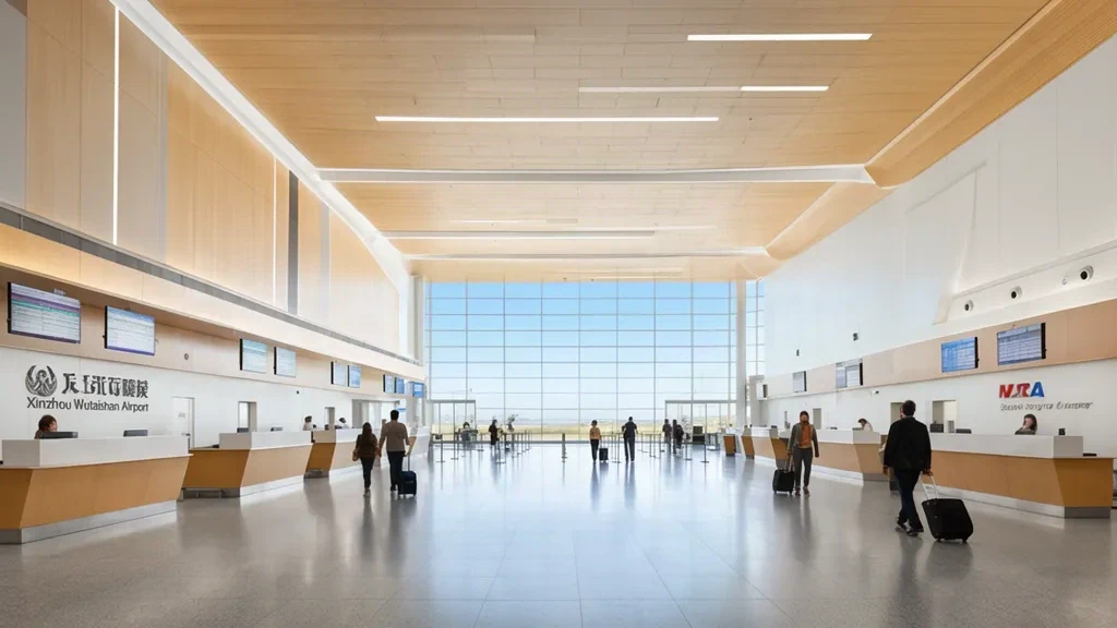 Intérieur lumineux du terminal de l'aéroport de Xinzhou Wutaishan dans le Shanxi, en Chine, avec hall des départs moderne, comptoirs d'enregistrement et voyageurs.
