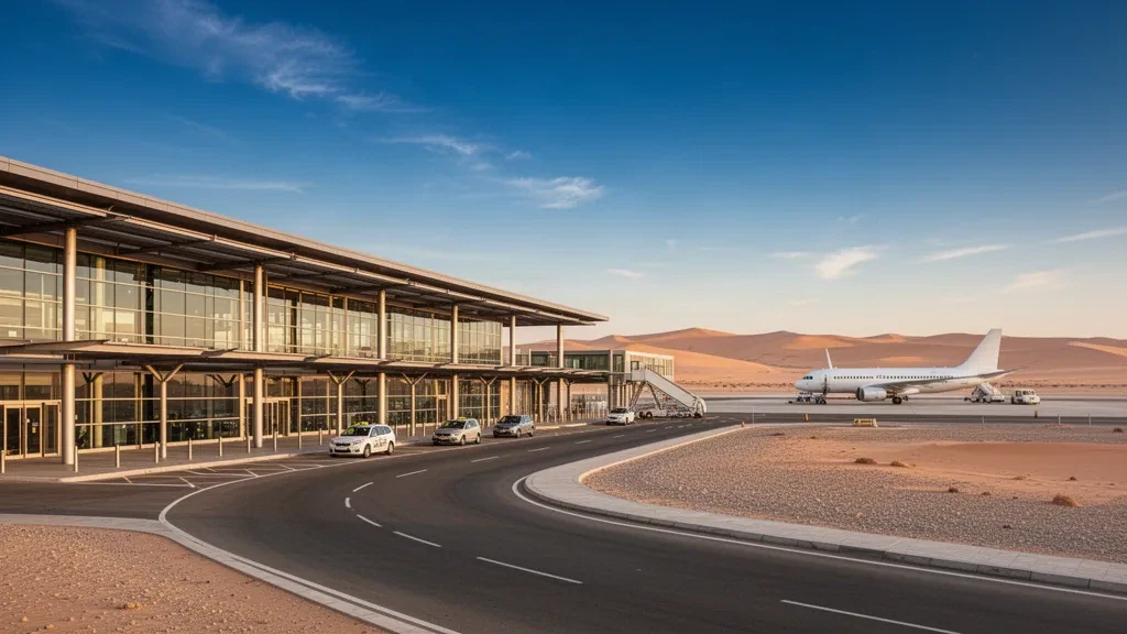 Walvis Bay Uluslararası Havalimanı'nda modern cam terminal ve apron, berrak kıyı gökyüzü altında Namib Çölü kumullarıyla çevrili