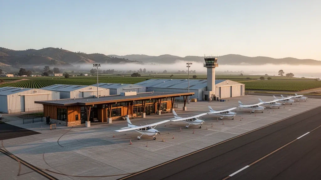 Aereo leggero parcheggiato sul piazzale dell'Aeroporto Watsonville Municipal con il suo terminal basso, gli hangar e le colline costiere della California all'ora d'oro
