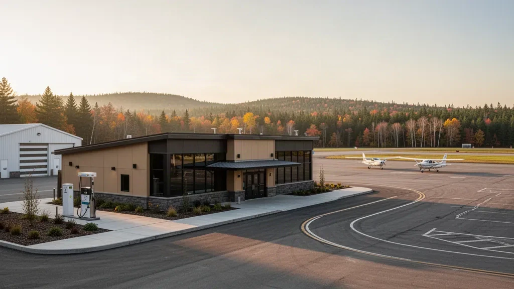 Golden-hour view of Waterville Robert Lafleur Airport in Maine, showing its low terminal, curbside drop-off lane, hangar and general aviation apron.