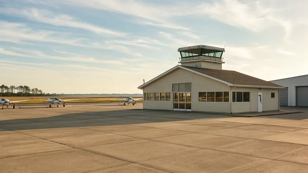 Kleines Terminal der allgemeinen Luftfahrt, Hangars und Leichtflugzeuge auf dem Vorfeld des Cape May County Airport in New Jersey