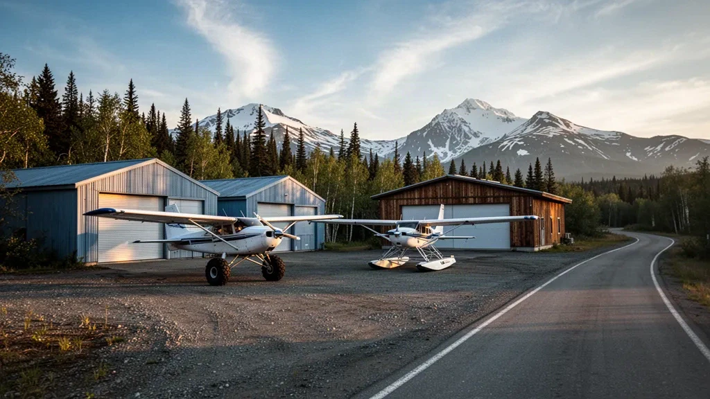 Buschflugzeuge und Metallhangars auf dem Kiesvorfeld des Flughafens Wasilla in Alaska, mit Bergen und Fichtenwald im goldenen Abendlicht