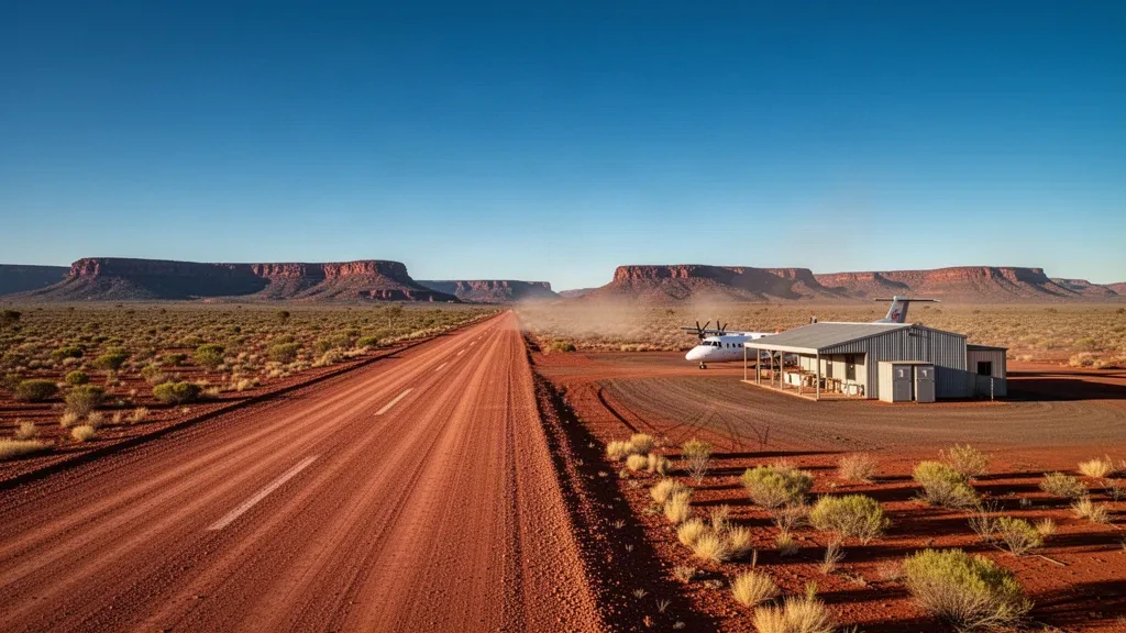 Remote outback airstrip at Woodie Woodie Airport in Western Australia's Pilbara, with red earth, scrub and a small aircraft under clear sky.