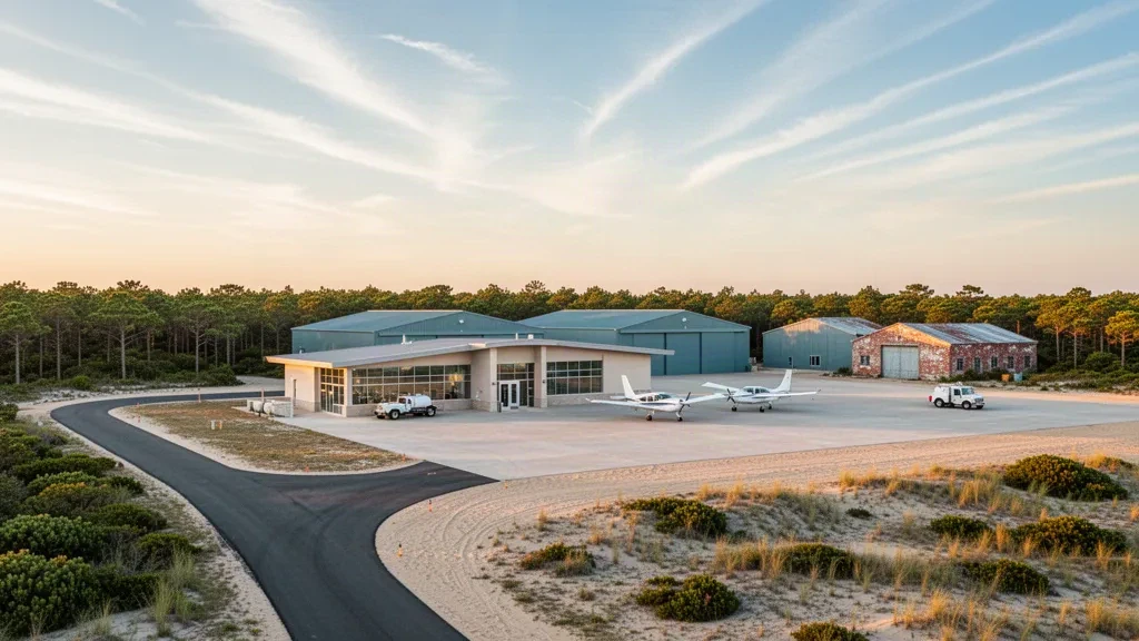 Petit terminal d'aéroport côtier du New Jersey et aire de stationnement avec des aéronefs légers à l'aéroport du comté de Cape May sous une lumière dorée