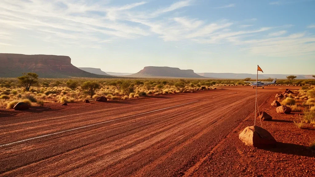 Piste d'atterrissage isolée sur terre rouge de l'outback à l'aéroport Woodie Woodie, dans le Pilbara en Australie-Occidentale, entourée de broussailles à spinifex sous un ciel brumeux