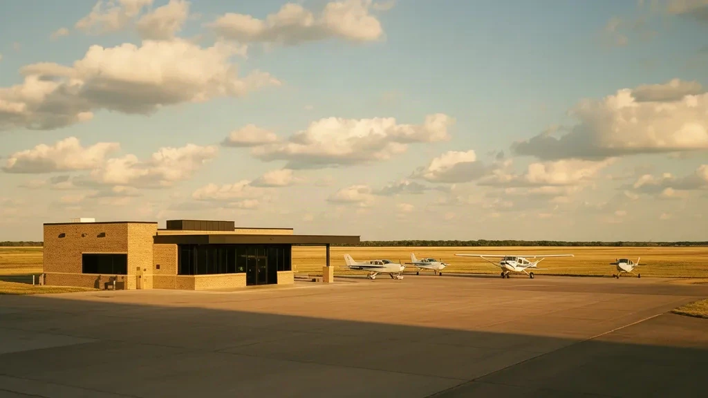 Terminal de una sola planta y plataforma de aeronaves en el aeropuerto West Woodward, en Oklahoma, bajo un amplio cielo de pradera