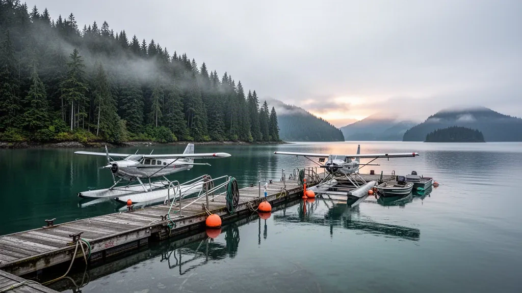 Idrovolanti ormeggiati a un pontile di legno a Whale Pass, Alaska, con la foresta pluviale nebbiosa di Tongass e le acque calme dell'insenatura all'alba