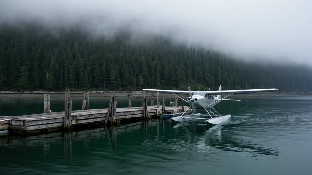 Porto per idrovolanti a Whale Pass, Alaska, con un idrovolante ormeggiato, acque calme di marea e costa della foresta pluviale nebbiosa