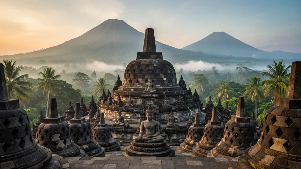Endonezya'nın Orta Java bölgesinde gün doğumunda Borobudur Tapınağı'nın taş stupaları ve sisin içinden yükselen Merapi Yanardağı