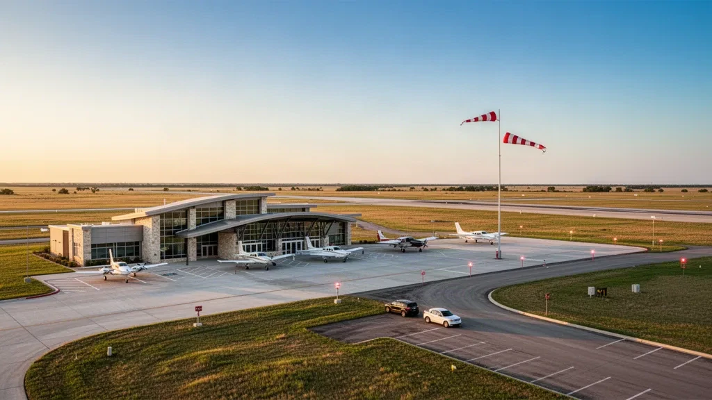 Terminal e piazzale dell'aeroporto di West Woodward durante l'ora d'oro, con aerei parcheggiati e le aperte praterie dell'Oklahoma all'orizzonte