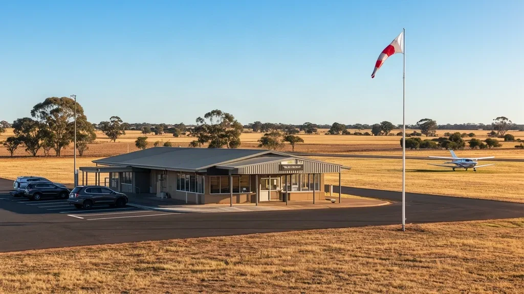 Pequeño edificio de terminal regional en el Aeropuerto de West Wyalong en la zona rural de Nueva Gales del Sur, Australia, bajo un cielo azul despejado.