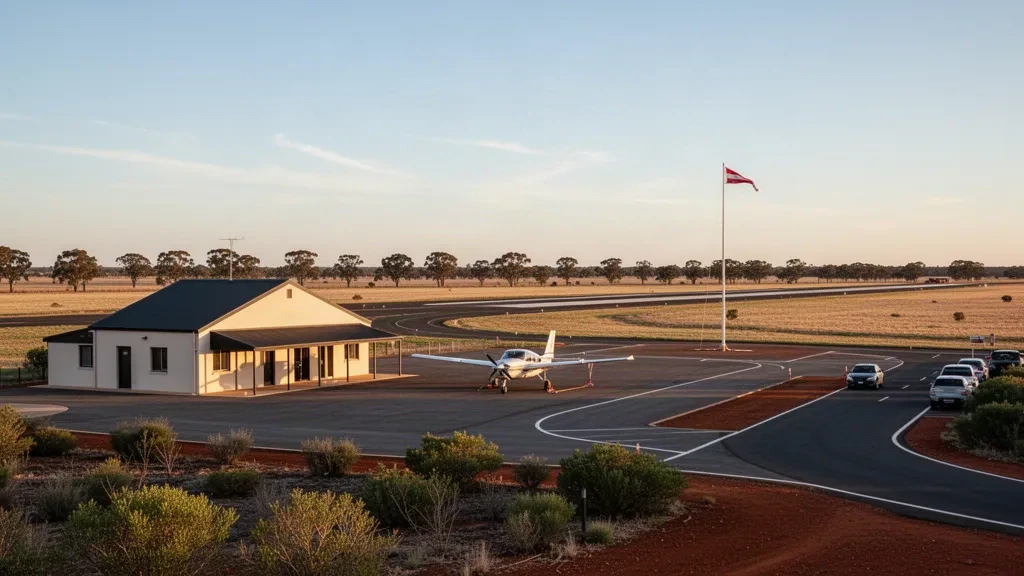 Piccolo terminal aeroportuale regionale e piazzale dell'aeroporto di West Wyalong nel Nuovo Galles del Sud con luce dell'ora dorata