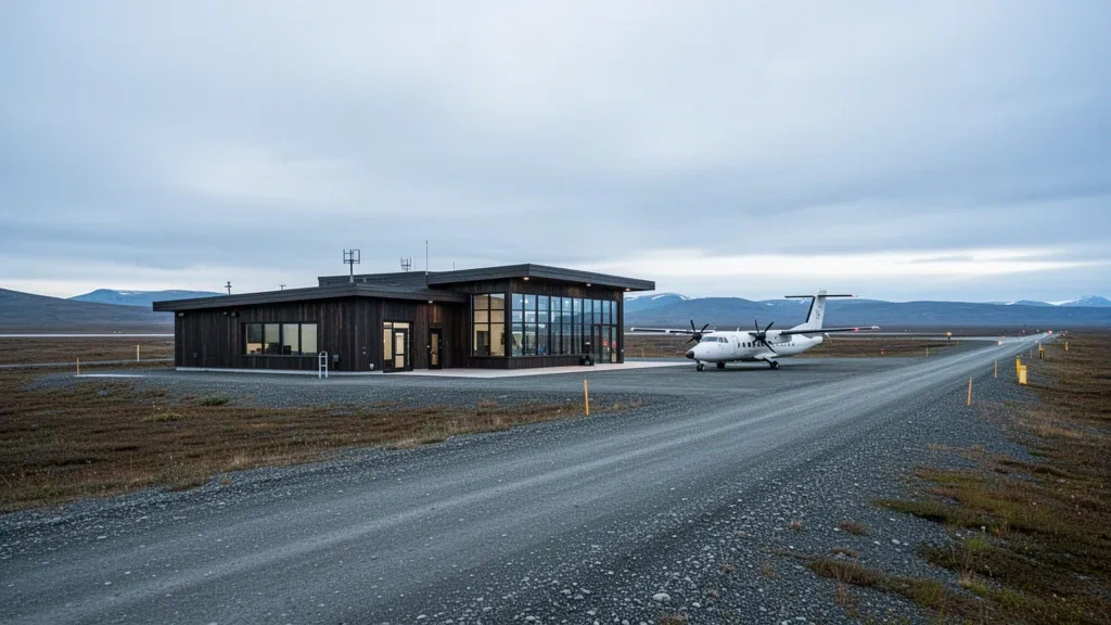 Abgelegener Flughafen Mertarvik in Alaska mit Schotterpiste, kleinem Terminal, Tundralandschaft und einem Turboprop-Flugzeug bei weichem Tageslicht.