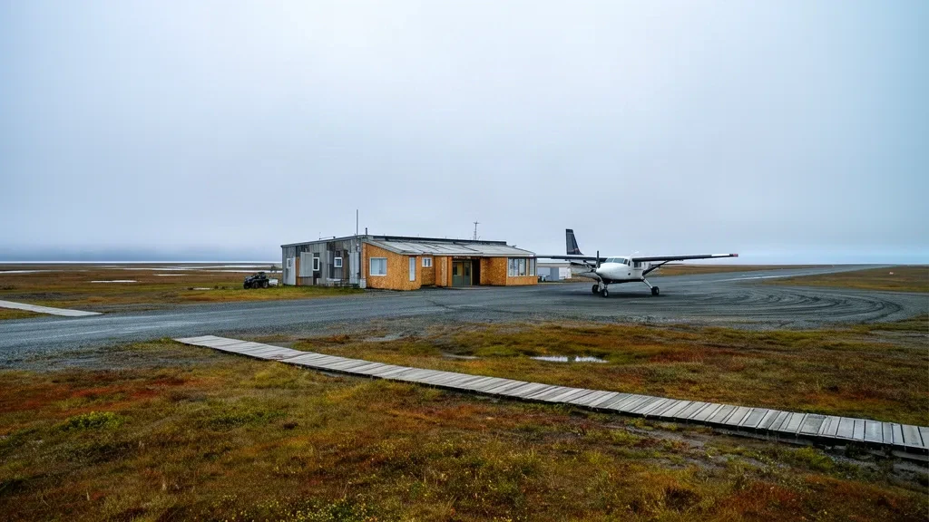 Terminal remota del aeropuerto de Mertarvik y pista de grava en la tundra sin árboles de la isla Nelson, Alaska, bajo un cielo nublado