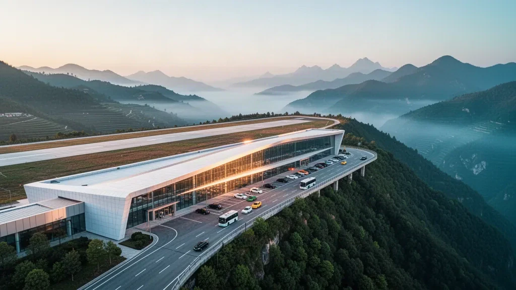 Wanzhou Wuqiao Airport glass terminal and ridge-top runway above misty green mountains in Chongqing at sunrise
