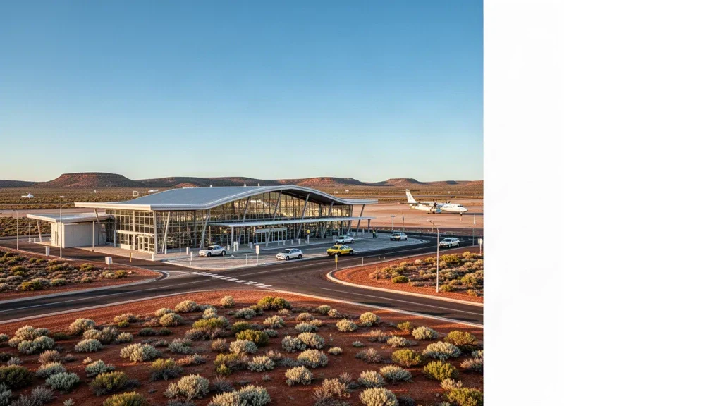 Terminal regional moderna y zona de desembarque en el aeropuerto de Whyalla, en Australia Meridional, con una aeronave estacionada