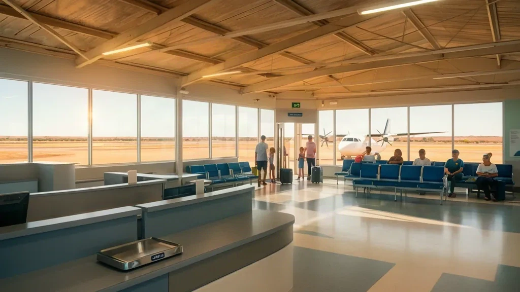 Interno del terminal dell'Aeroporto di Whyalla in Australia Meridionale con banchi check-in, posti a sedere nella sala d'attesa e viaggiatori