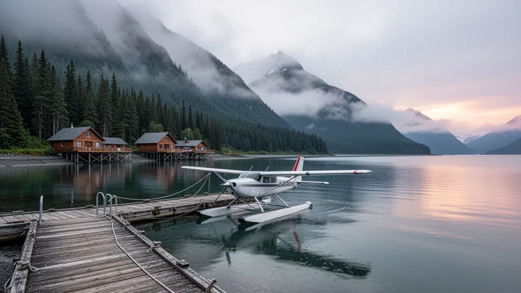 Güneydoğu Alaska'da sisli ormanlı dağların arasında, Yes Bay Lodge Deniz Uçağı Üssü'nde sakin su üzerindeki ahşap iskeleye bağlanmış deniz uçağı