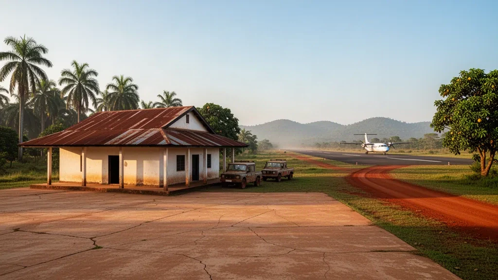 Eingeschossiges Terminal, Beton-Vorfeld und ländliche Start- und Landebahn am Flughafen Yengema im Kono District in Sierra Leone zur goldenen Stunde