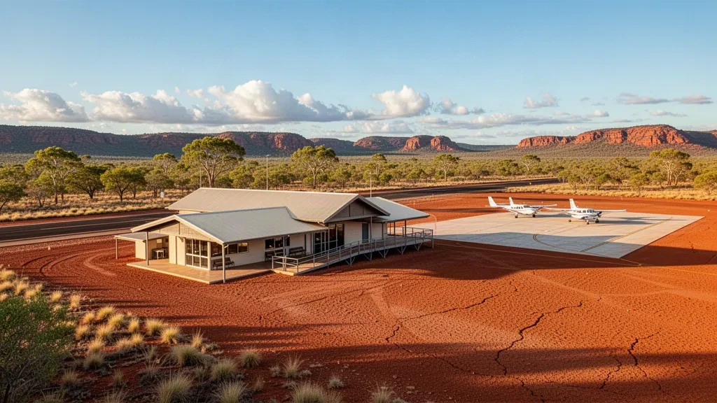 Small regional airport terminal and sunlit airstrip at Wyndham in Western Australia's Kimberley, framed by rugged outback ranges.