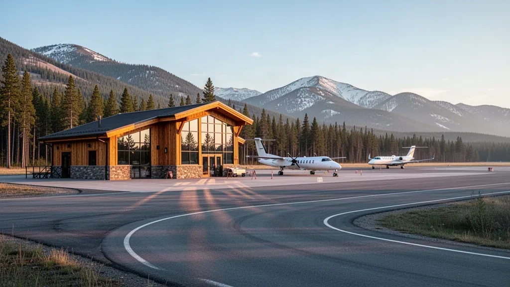 Small mountain airport terminal framed by pine forest and snow-dusted ridges near Yellowstone National Park at golden hour