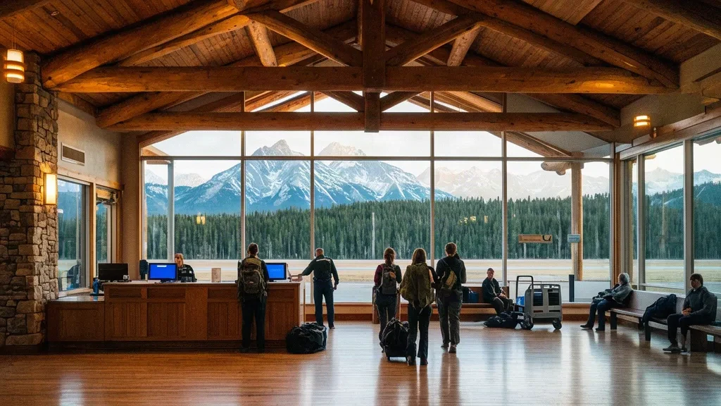Innenansicht des Terminals des Yellowstone Airport in West Yellowstone, Montana, mit Holzbalken, Check-in-Schaltern und Bergblick