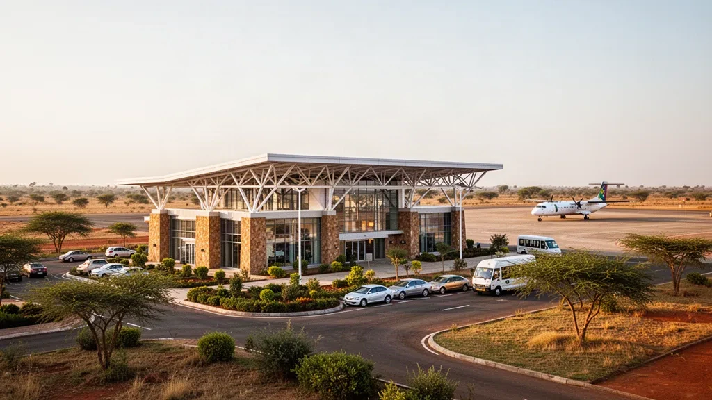 Bâtiment moderne du terminal de l'aéroport de Wa dans la région du Haut Ghana occidental, avec façade vitrée, voie de dépose et lumière dorée