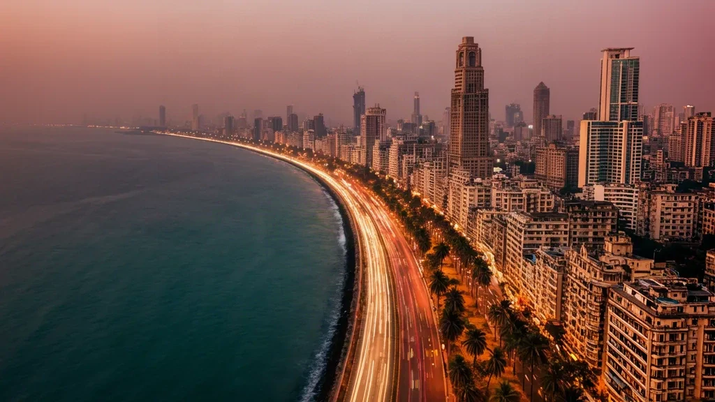 Mumbai Marine Drive coastline at golden hour with the city skyline, palm trees and traffic beside the Arabian Sea in India