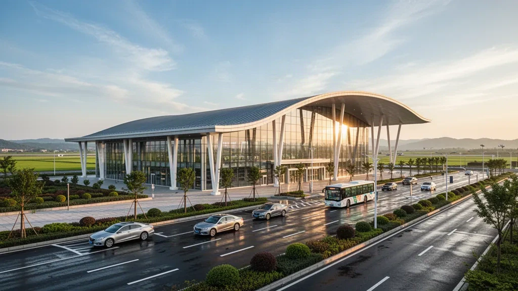 Exterior moderno de terminal de cristal y carril de bajada en la acera del Aeropuerto de Xinyang Minggang con luz cálida de hora dorada