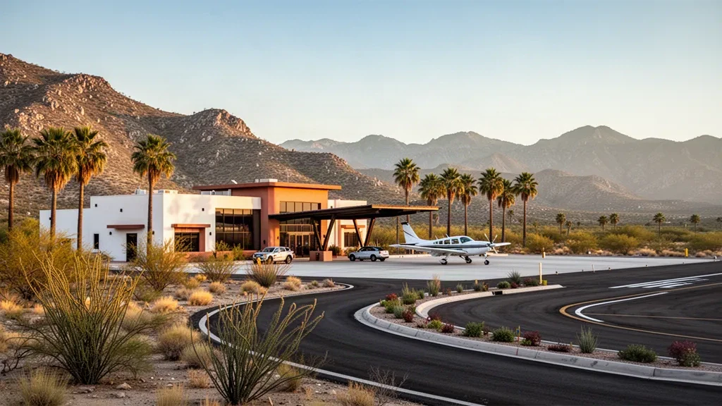 Low-slung terminal building and parked light aircraft at the regional airport serving Álamos, Sonora, framed by desert mountains at golden hour.