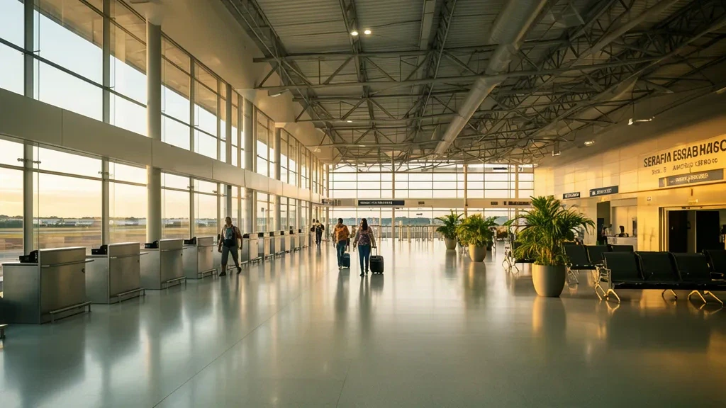Intérieur du terminal de l'aéroport Serafin Enoss Bertaso à Chapecó, au Brésil, avec comptoirs d'enregistrement, parois vitrées et voyageurs dans le hall de départ