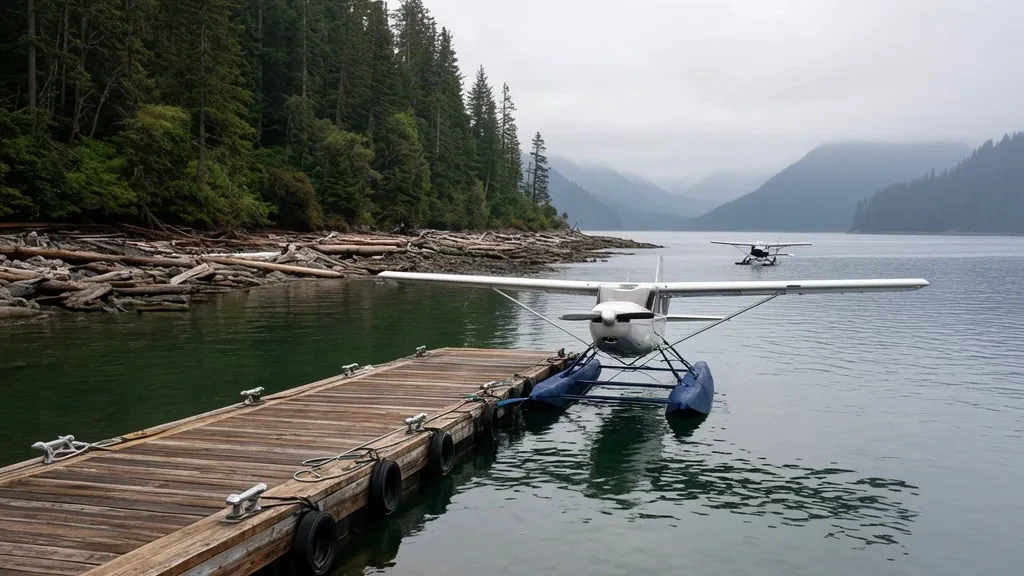 Floatplane moored at the wooden dock of Blubber Bay Seaplane Base on Texada Island, British Columbia, in calm overcast coastal light