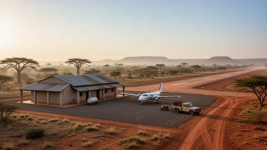 Piccola pista rurale all'Aeroporto di Aribinda in Burkina Faso, con pista sterrata, modesta struttura terminal e savana del Sahel in luce dorata.