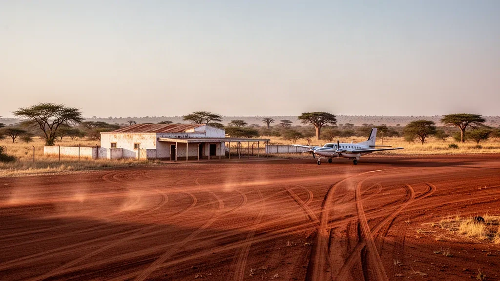 Dusty laterite airstrip and small terminal building at Bogande Airport in Burkina Faso's Sahel landscape at golden hour