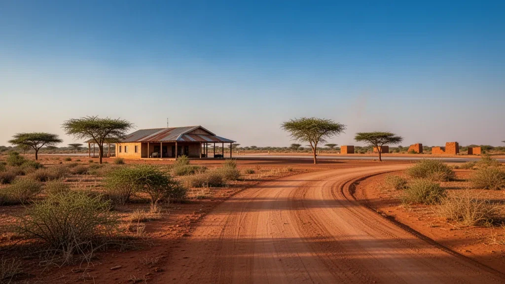 Vista durante la hora dorada del aeropuerto de Boulsa en Burkina Faso, con una pista seca y edificios aeroportuarios sencillos en medio de la sabana del Sahel.