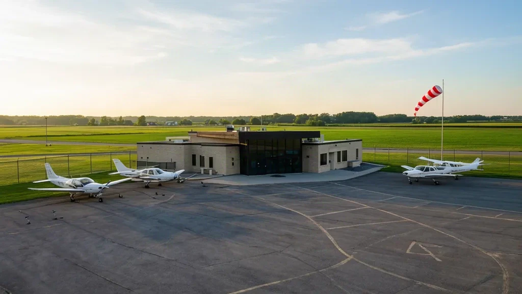 Terminal de baja altura del aeropuerto de Chatham-Kent y plataforma de asfalto con aviones ligeros estacionados bajo la cálida luz del final de la tarde de Ontario